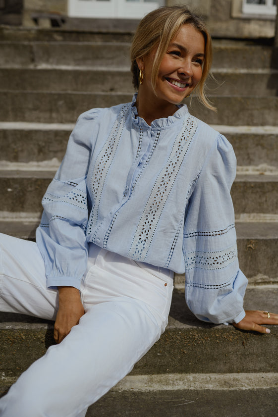 Light Blue Blouse with Ruffled Collar, Embroidered Accents & Puffed Long Sleeves  Grain Blouse by EASY CLOTHES  Size M-L