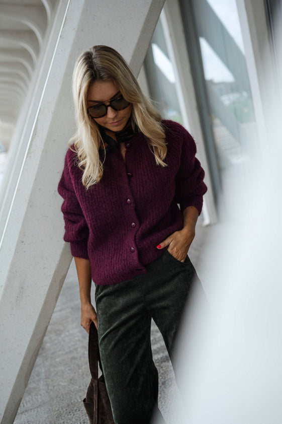 Burgundy Knit Cardigan with Round Neckline, Long Sleeves & Button-Up Front Elony Cardigan by EASY CLOTHES One Size (Fits US 2, 4, 6, 8, 10) Burgundy Knit Cardigan with Round Neckline, Long Sleeves & Button-Up Front Elony Cardigan by EASY CLOTHES One Size (Fits US 2, 4, 6, 8, 10)