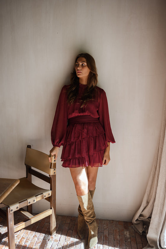 Burgundy Flowing Mini Dress with Ruffled Hem, High Collar & Sheer Back – Indra Dress by EASY CLOTHES – Size M-L