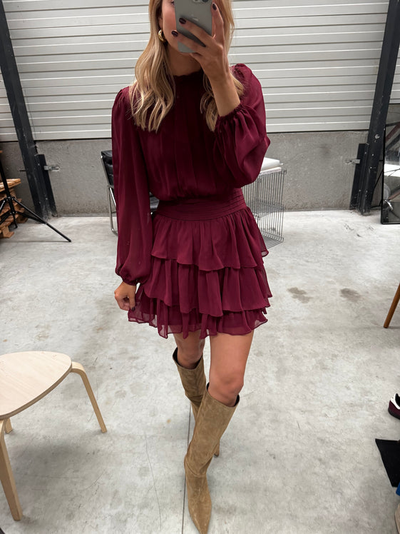 Burgundy Flowing Mini Dress with Ruffled Hem, High Collar & Sheer Back  Indra Dress by Easy Clothes  Size M-L