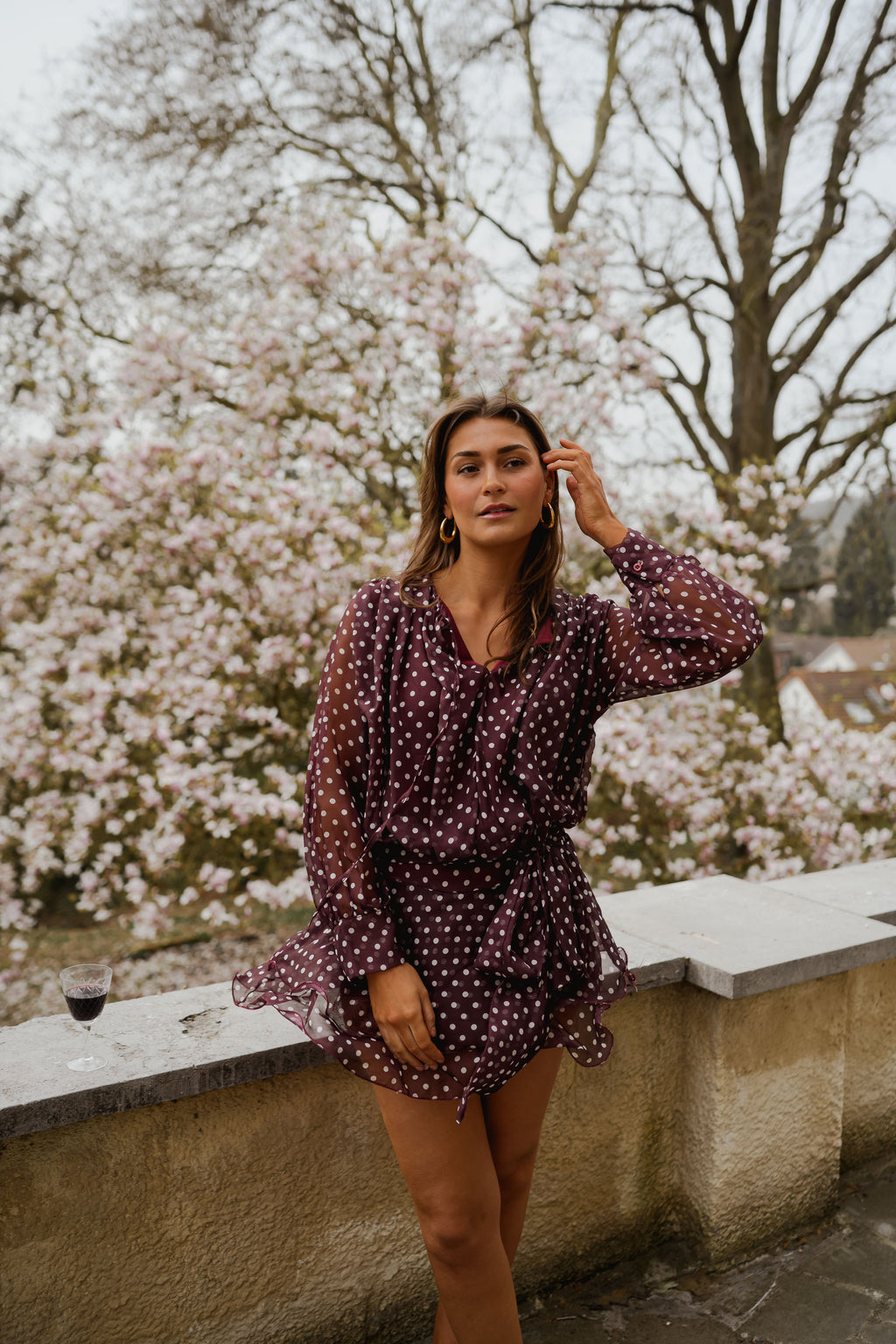 burgundy polka dot dress Alenor Festival23 polyester fabric dresses Size:52 X-Long 40493 Adrianna Papell Platinum