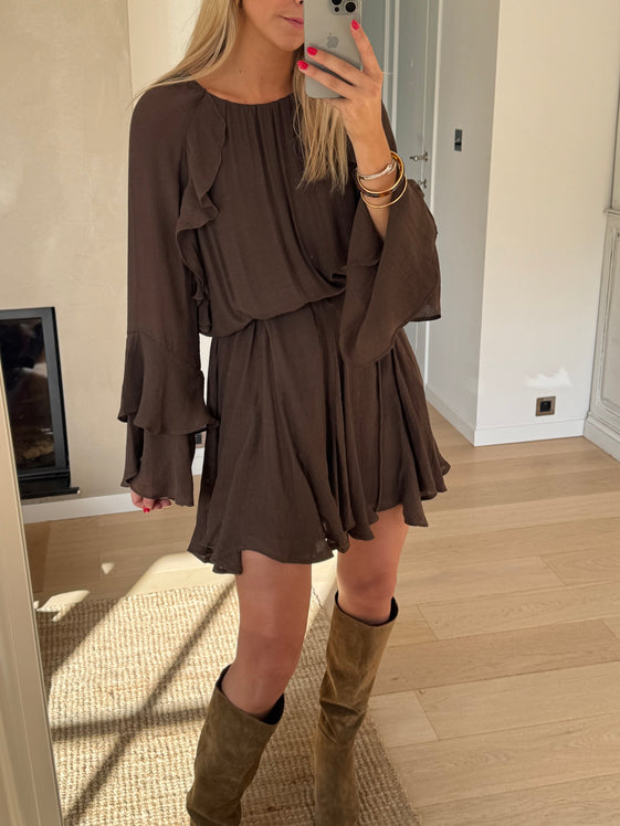 Chocolate Ruffled Dress with Long Flared Sleeves, Drawstring Waist & Flowing Silhouette Audrina Dress by EASY CLOTHES Size M-L Chocolate Ruffled Dress with Long Flared Sleeves, Drawstring Waist & Flowing Silhouette Audrina Dress by EASY CLOTHES Size M-L