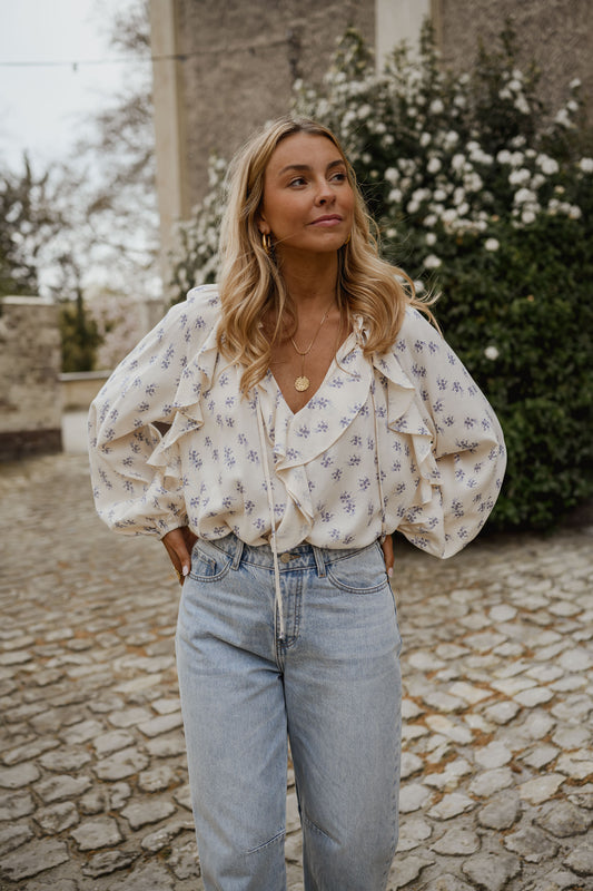 Ecru with Blue Floral Euredice Blouse