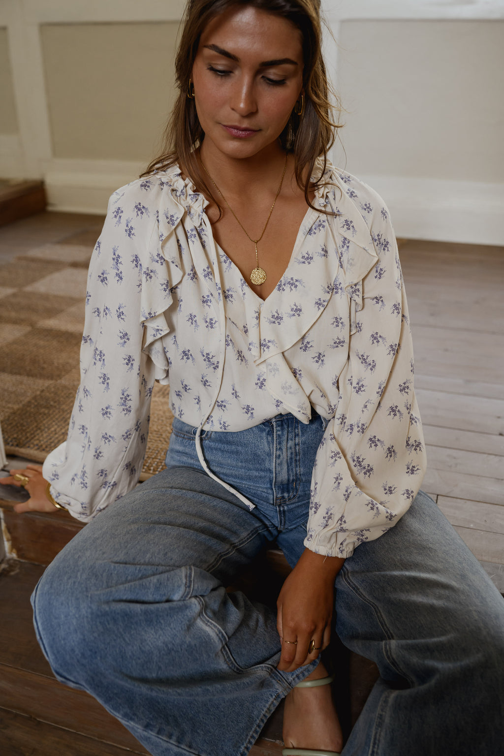 Ecru Blue Floral Euredice Blouse | Easy Clothes