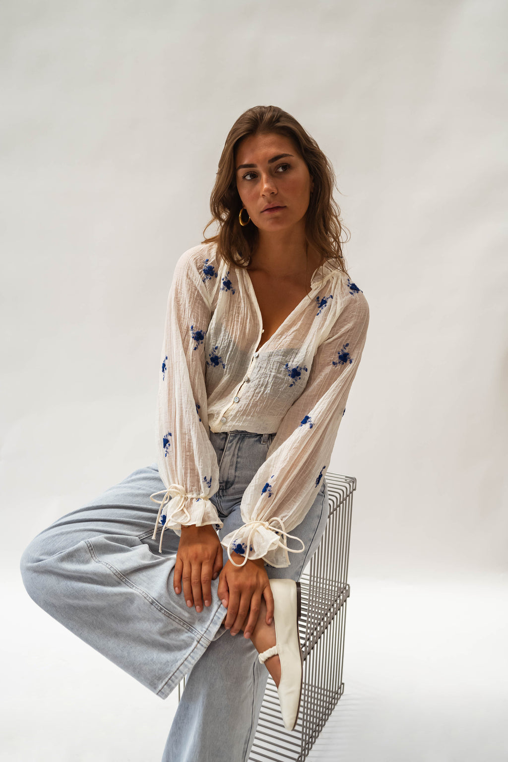 Ecru and Blue Floral Gabrielle Blouse | Easy Clothes