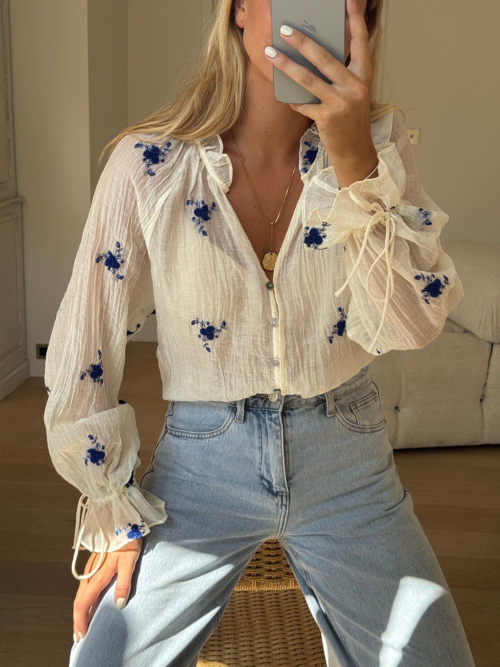 Ecru and Blue Floral Sheer Blouse with Embroidered Flowers, Long Sleeves & Seashell Buttons – Gabrielle Blouse by EASY CLOTHES – Size M-L Ecru and Blue Floral Sheer Blouse with Embroidered Flowers, Long Sleeves & Seashell Buttons – Gabrielle Blouse by EASY CLOTHES – Size M-L