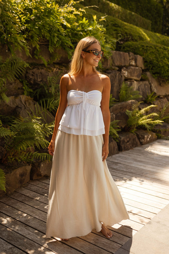 Ecru Linen-Cotton Strapless Bustier Top with Front Tie & Elastic Back Lia Top by EASY CLOTHES One Size (Fits US 2, 4, 6, 8, 10) Ecru Linen-Cotton Strapless Bustier Top with Front Tie & Elastic Back Lia Top by EASY CLOTHES One Size (Fits US 2, 4, 6, 8, 10)