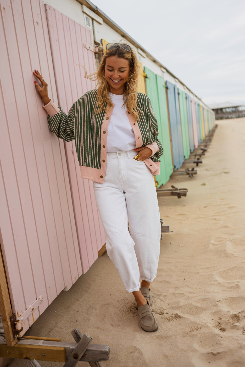 Green with Pink Stripes Verda Cardigan | Easy Clothes