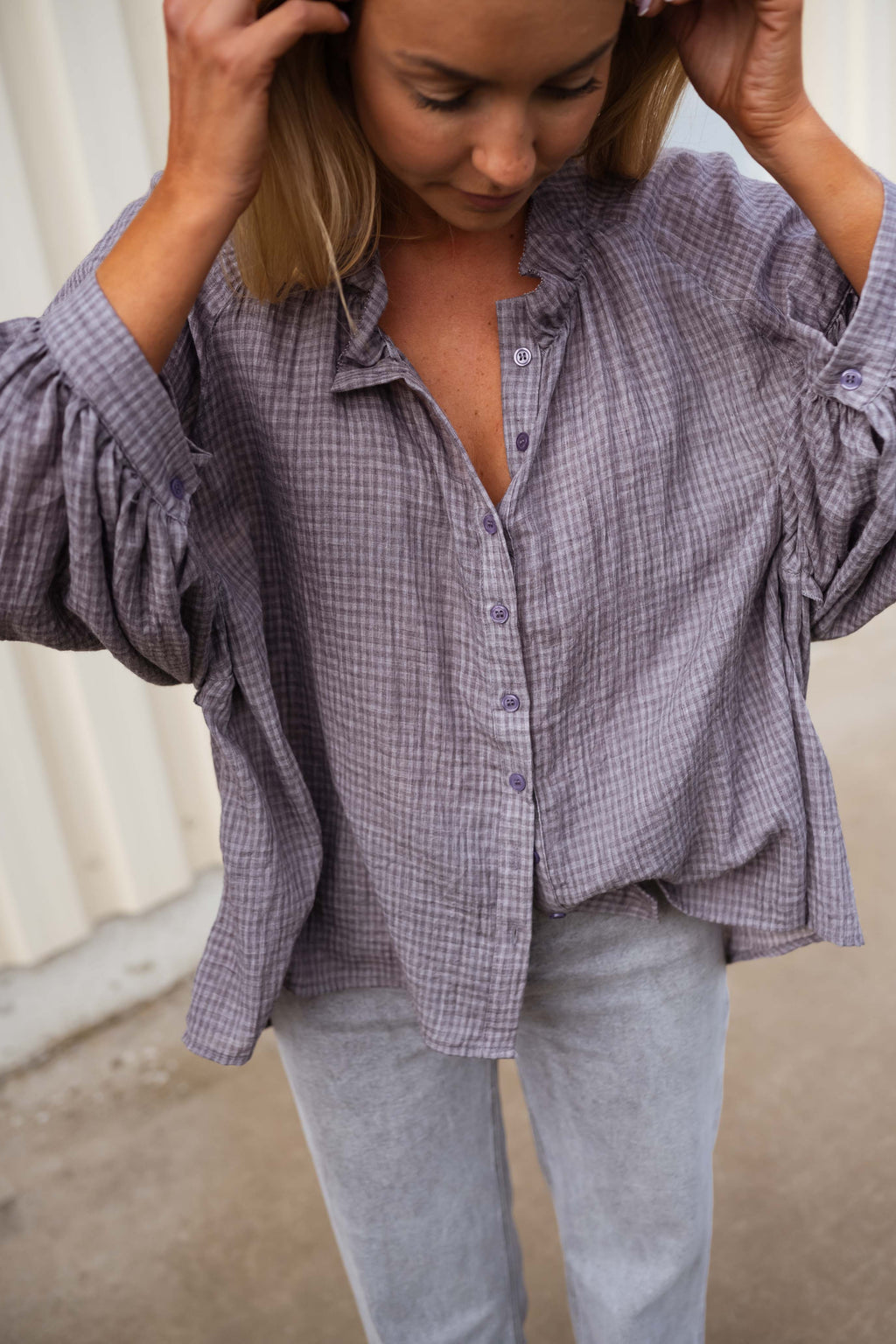 grey checkered dress shirt Grey Checkered Shirt with Loose Fit, Buttoning Tab & Long Sleeves Sofia Shirt by EASY CLOTHES One Size (Fits US 2, 4, 6, 8, 10)