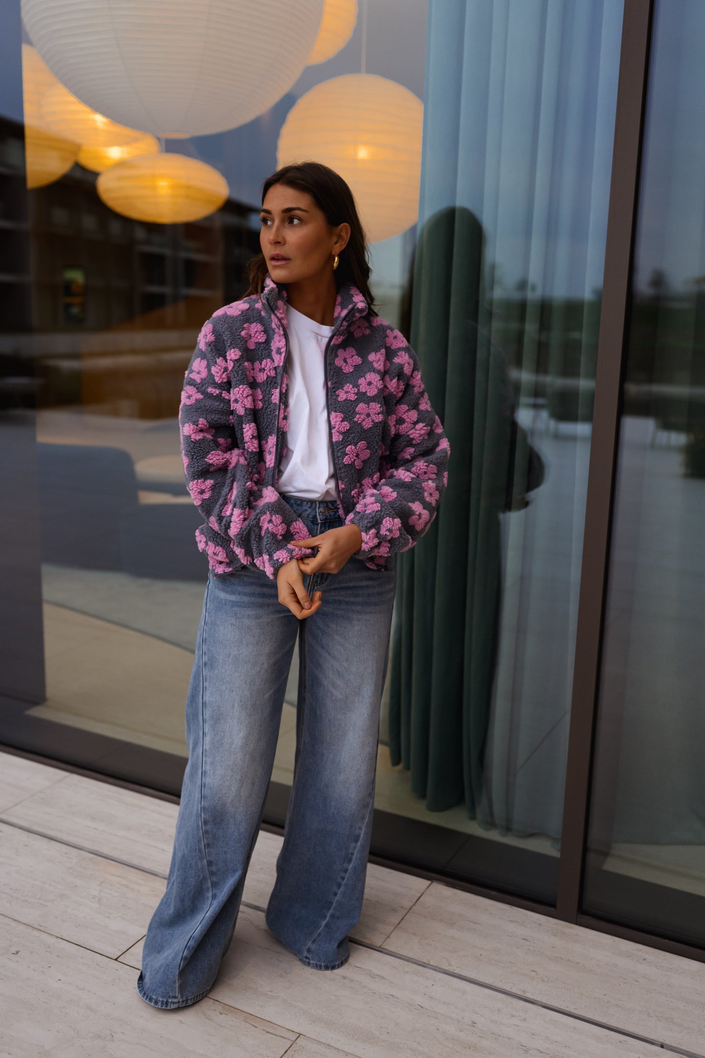 Grey with Pink Floral Tomas Fleece Jacket