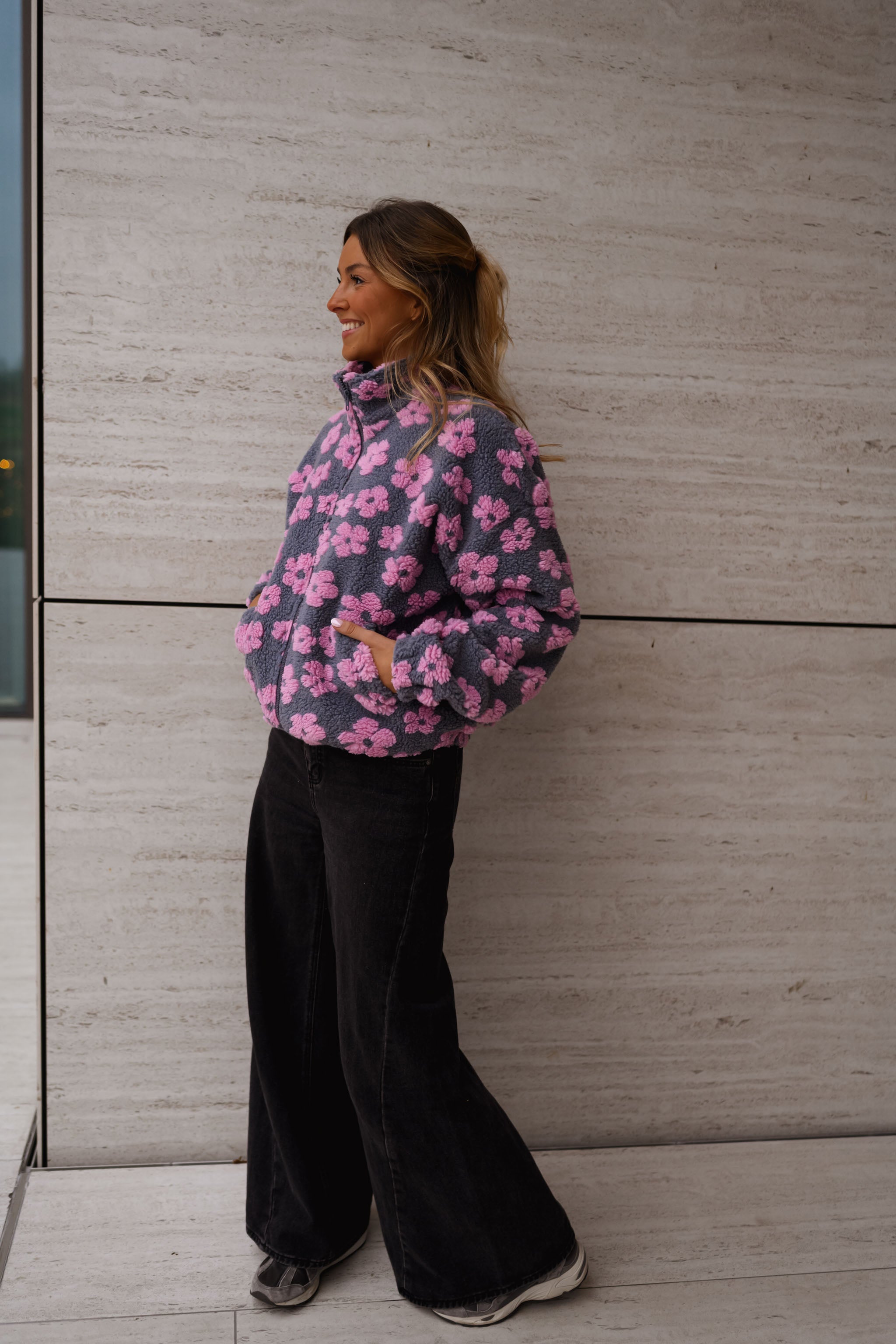 Grey with Pink Floral Tomas Fleece Jacket