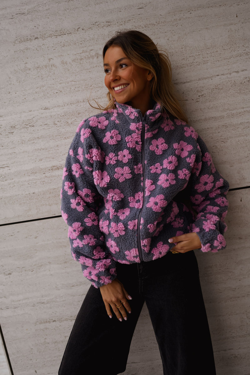 Grey with Pink Floral Tomas Fleece Jacket