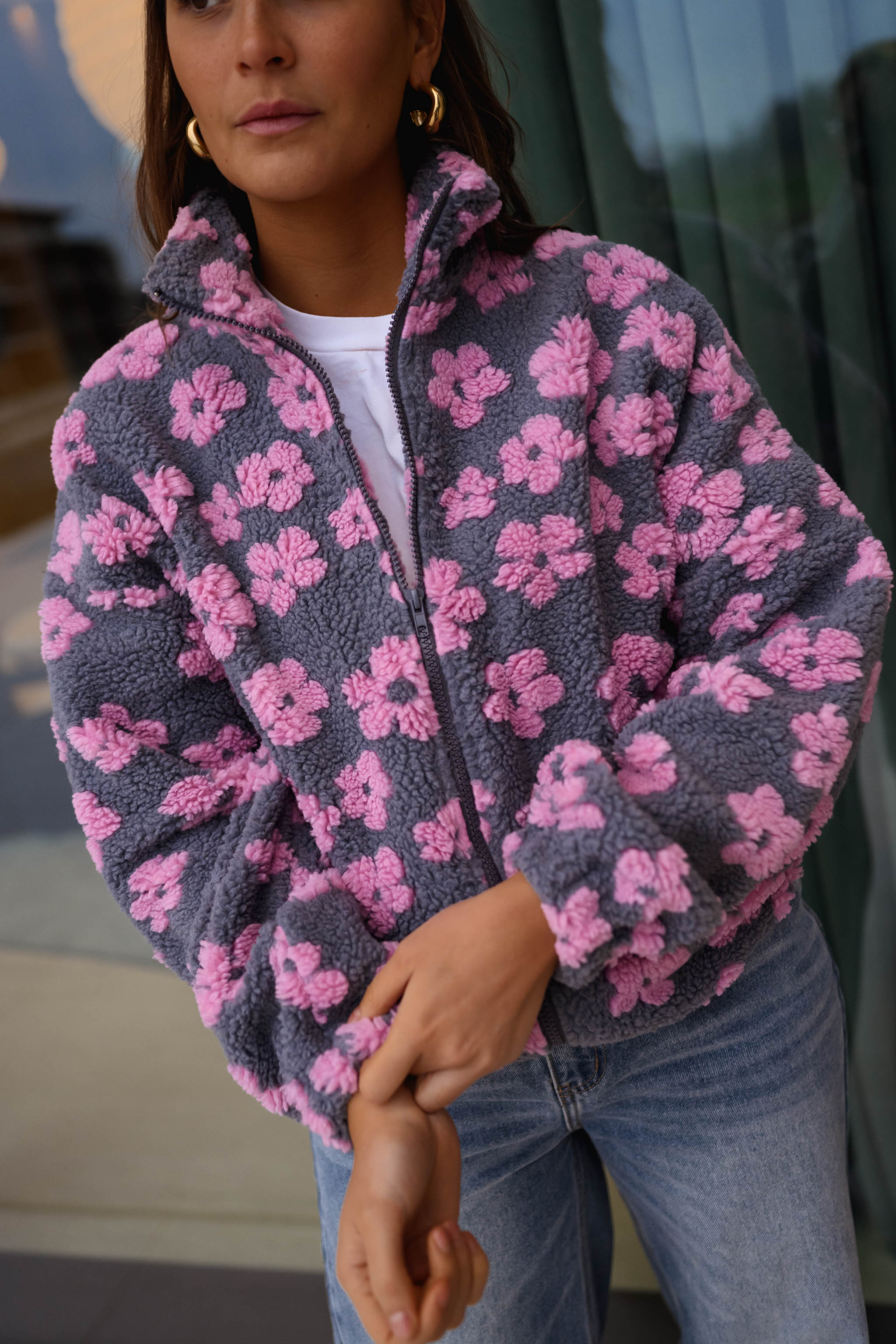 Grey with Pink Floral Tomas Fleece Jacket