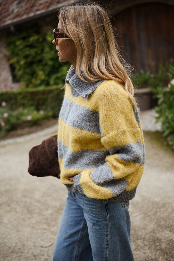 Grey and Yellow Striped Cardigan with High Collar, Silver Zipper & Relaxed Fit Mayfair Cardigan by EASY CLOTHES One Size (Fits US 2, 4, 6, 8, 10) Grey and Yellow Striped Cardigan with High Collar, Silver Zipper & Relaxed Fit Mayfair Cardigan by EASY CLOTHES One Size (Fits US 2, 4, 6, 8, 10)