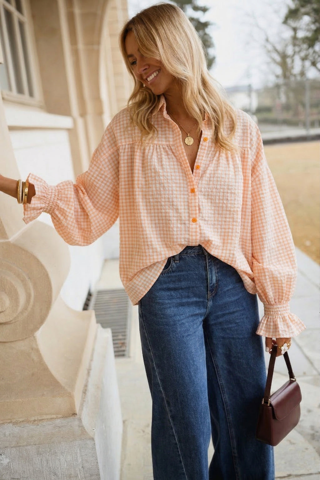 orange striped dress shirt Siana Mac Duggal Women's High trends_Seen on Social It features dual chest Size:10Y-12Y