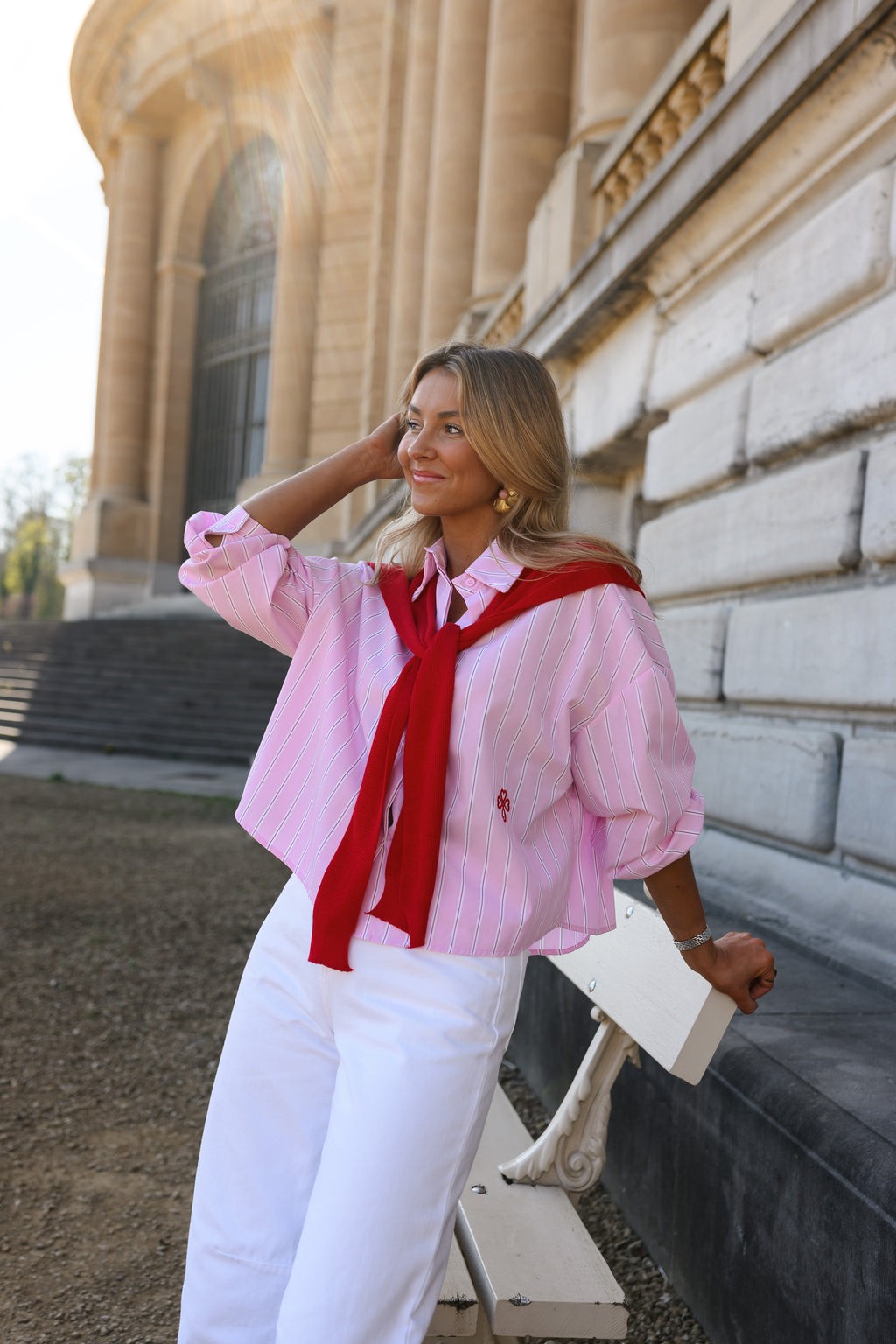 Pink Striped Shirt with Removable Red Yoke, Cuffs & Scarf – Robbie Shirt by EASY CLOTHES – Size S-M