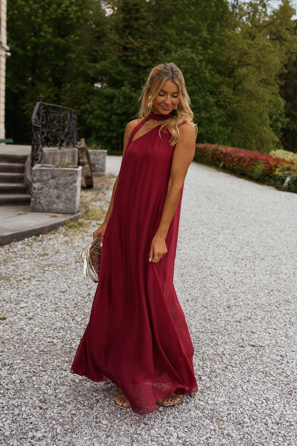 raspberry evening dress Silk Flowy Long with One Shoulder, Neck Tie & Slit, Sleeveless – Isia Dress by EASY CLOTHES – Size M-L SID-FD1781 Waist:26 particularly Eid celebrations Black Stretch Skinny Dress