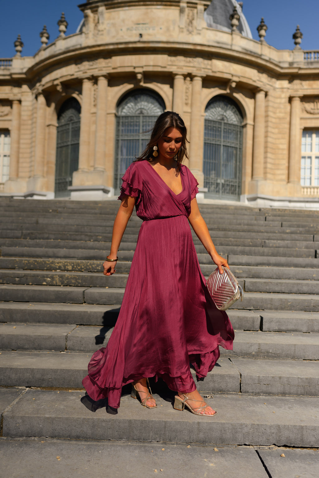 raspberry silk dress Celine short sleeve maxi dress Raspberry satin
