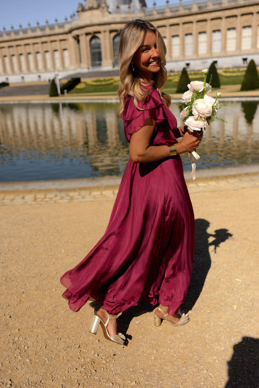 raspberry silk dress Mac Duggal Sleeveless V-Neck Satin Gown With Bow Details