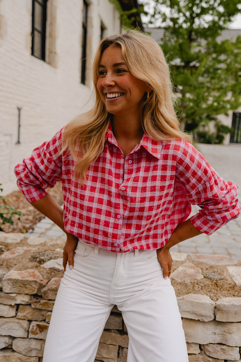 red and white plaid dress shirt Red White Woman Plaid Shirt Button Down Dress Soft Long Top size 8/M New  3/4Slev