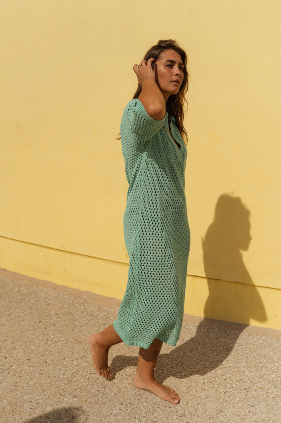 Turquoise Maxi Dress with V-Neck, Polo Lapel Collar, Short Sleeves & Airy Openwork Fabric Beach Dress by EASY CLOTHES One Size (Fits US 2-10) Turquoise Maxi Dress with V-Neck, Polo Lapel Collar, Short Sleeves & Airy Openwork Fabric Beach Dress by EASY CLOTHES One Size (Fits US 2-10)