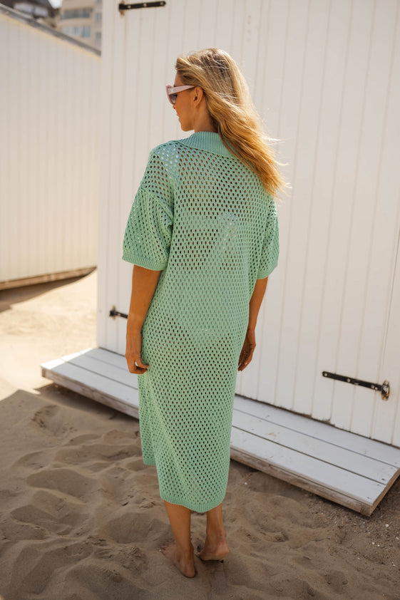 Turquoise Maxi Dress with V-Neck, Polo Lapel Collar, Short Sleeves & Airy Openwork Fabric Beach Dress by EASY CLOTHES One Size (Fits US 2-10) Turquoise Maxi Dress with V-Neck, Polo Lapel Collar, Short Sleeves & Airy Openwork Fabric Beach Dress by EASY CLOTHES One Size (Fits US 2-10)