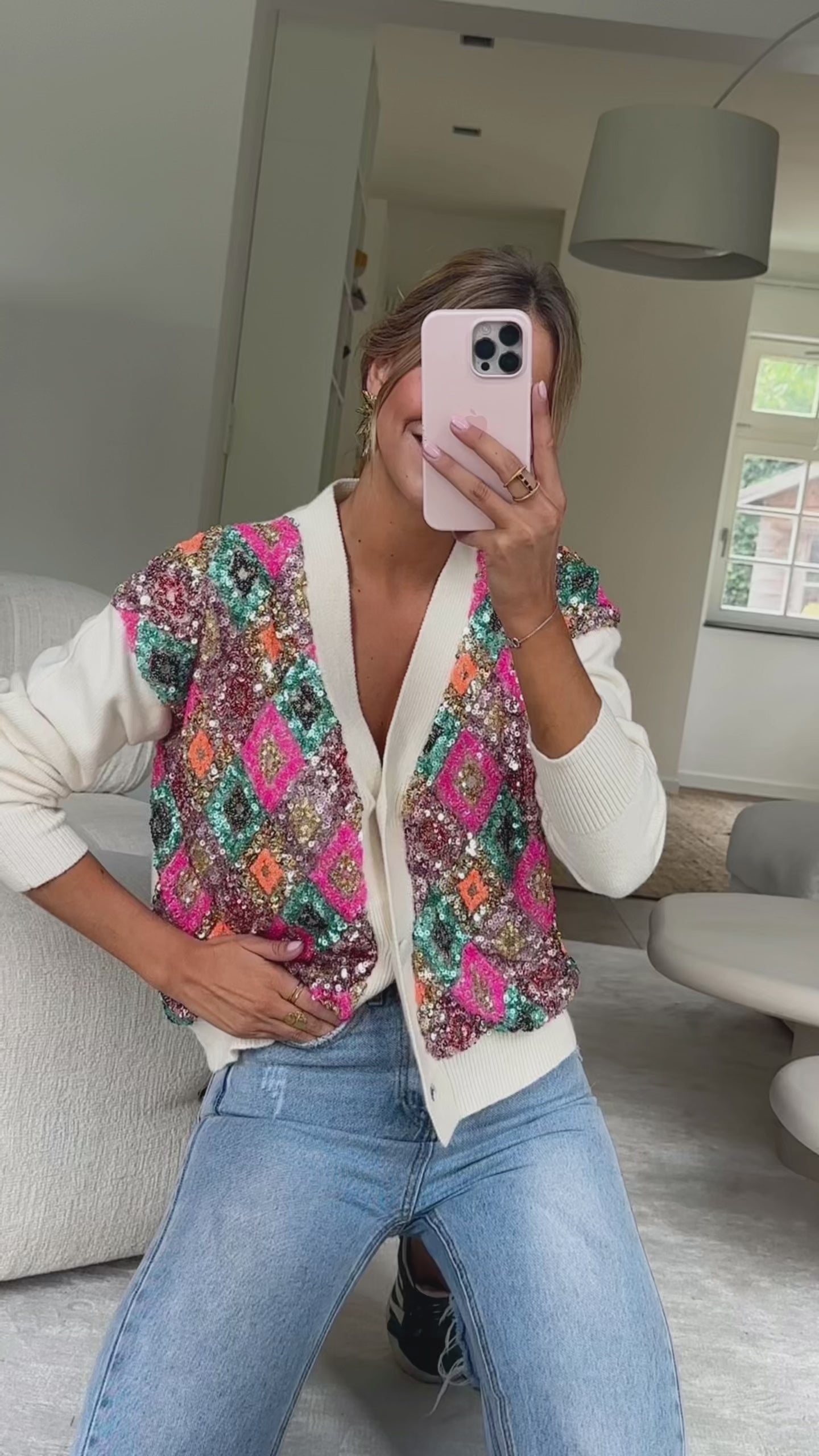 着１回アメリWAY GLITTER JACQUARD CARDIGAN Ecru & Multi-Color Sequin Vito Cardigan – Easy Clothes North America