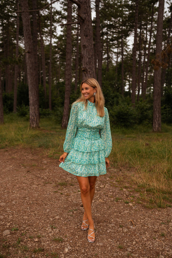 Blue and Green Patterned Mini Dress with High Collar, Long Sleeves, Ruffle Hem, Elastic Back & Full Lining Manae Dress by EASY CLOTHES Size M Blue and Green Patterned Mini Dress with High Collar, Long Sleeves, Ruffle Hem, Elastic Back & Full Lining Manae Dress by EASY CLOTHES Size M