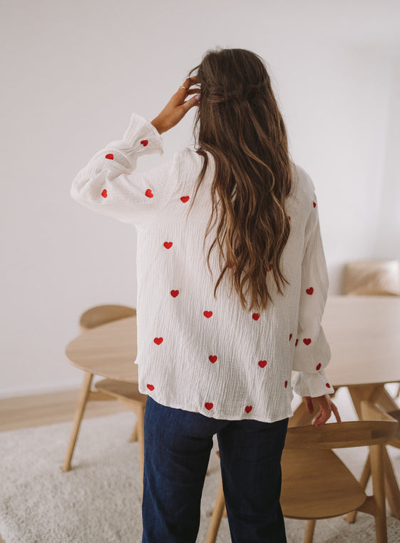 White Vicky Shirt with Red Hearts - Easy Clothes North America