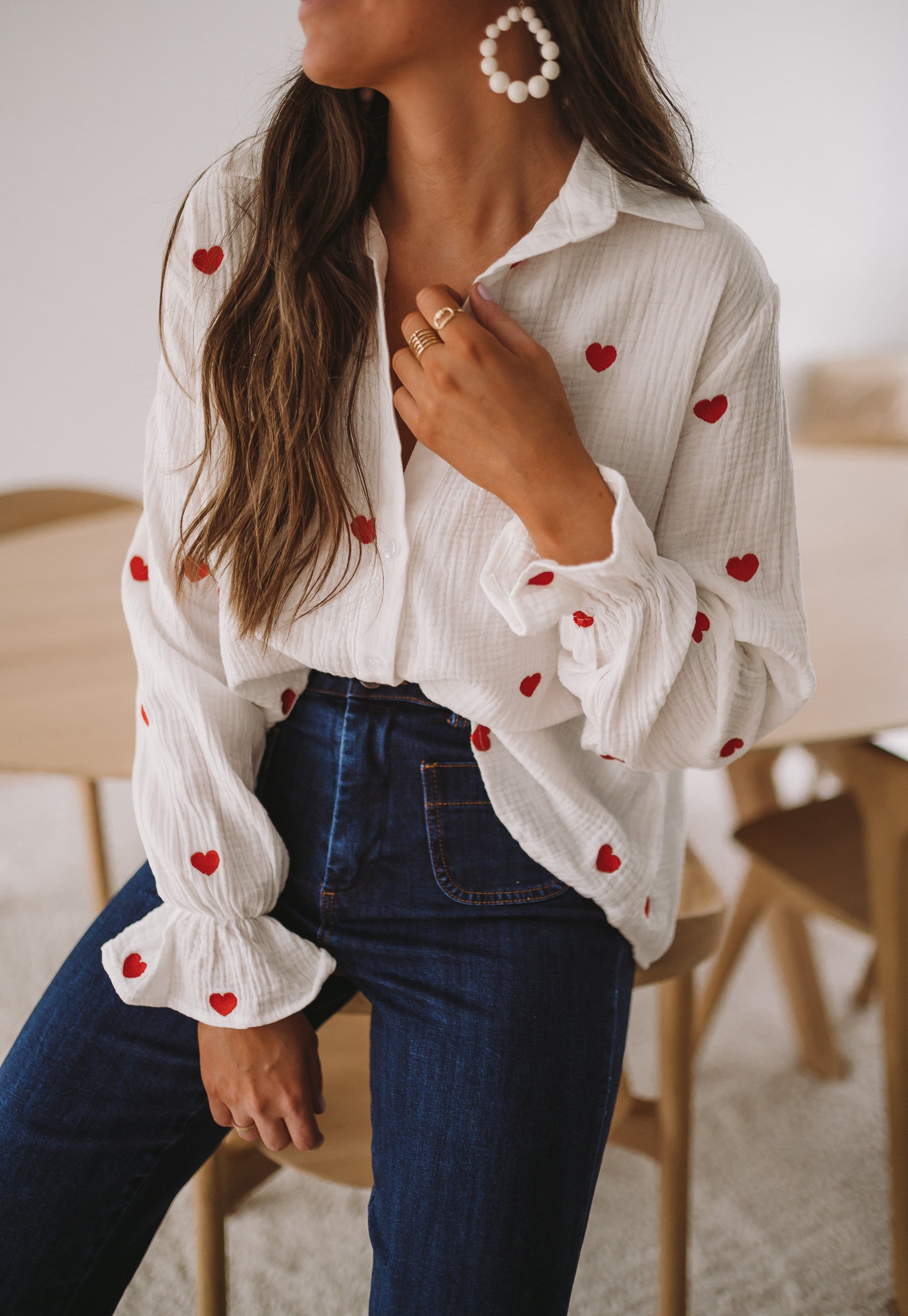 Easy Clothes White Vicky Shirt with Red Hearts - S-M