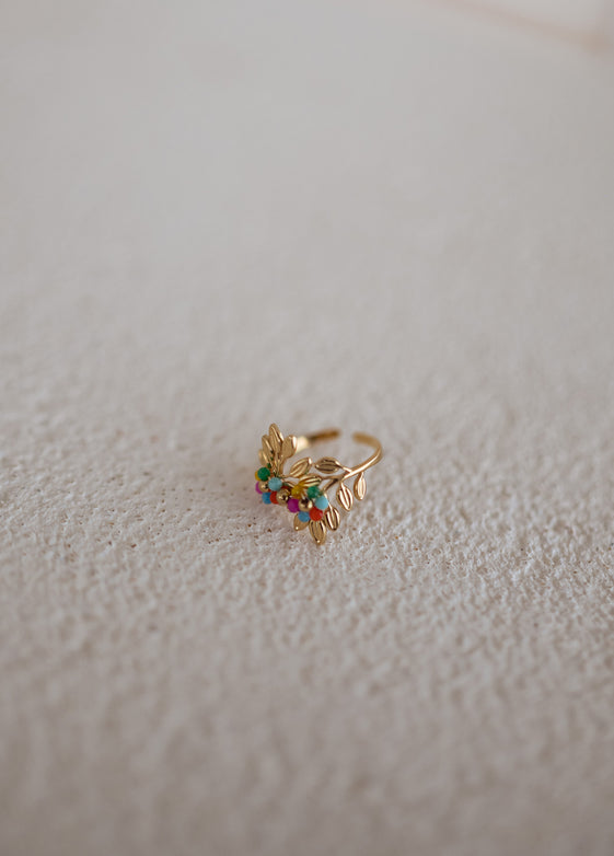 Golden Leaf Ring with Multi-Colored Pearls