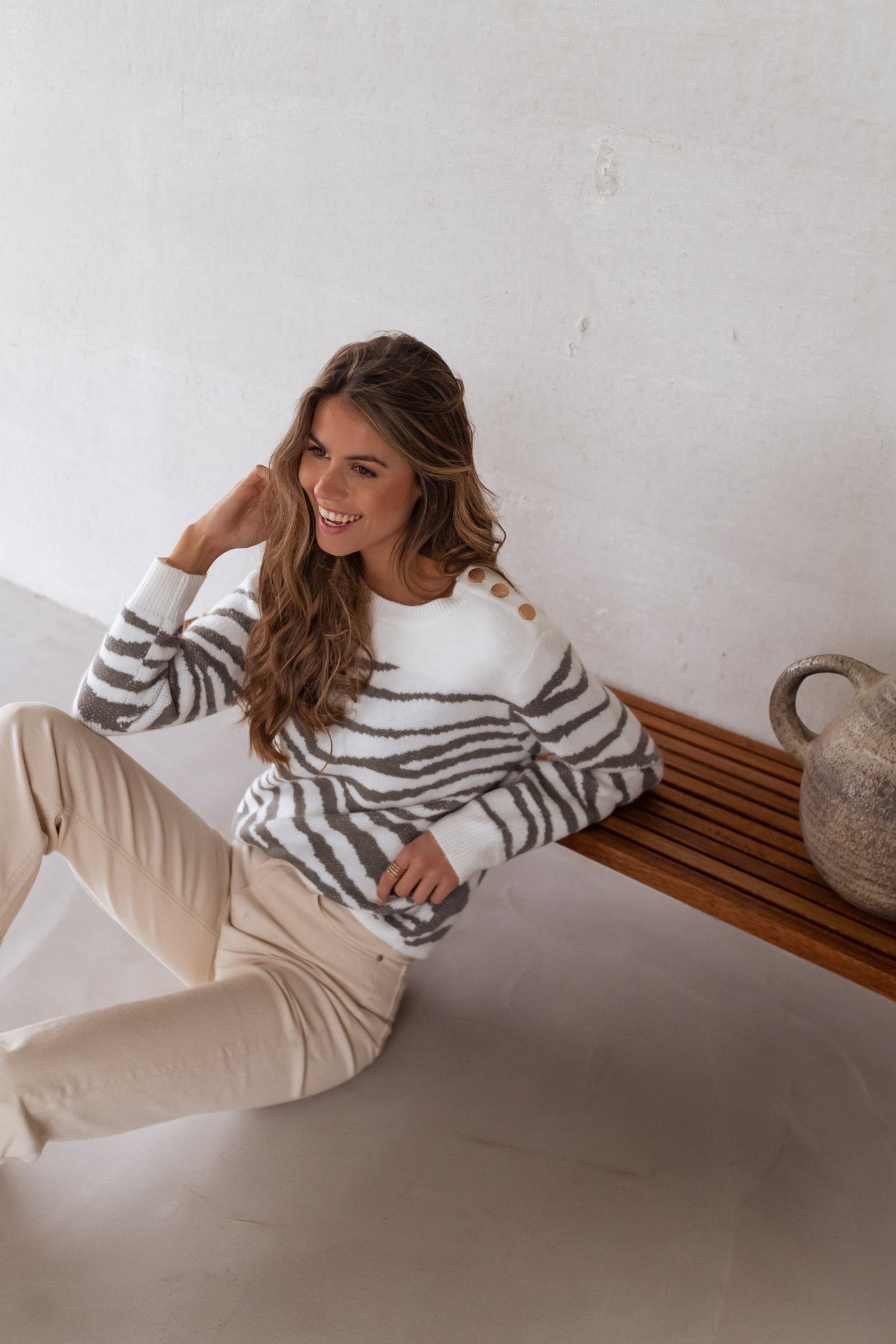 White and Khaki Patterned Valley Sweater