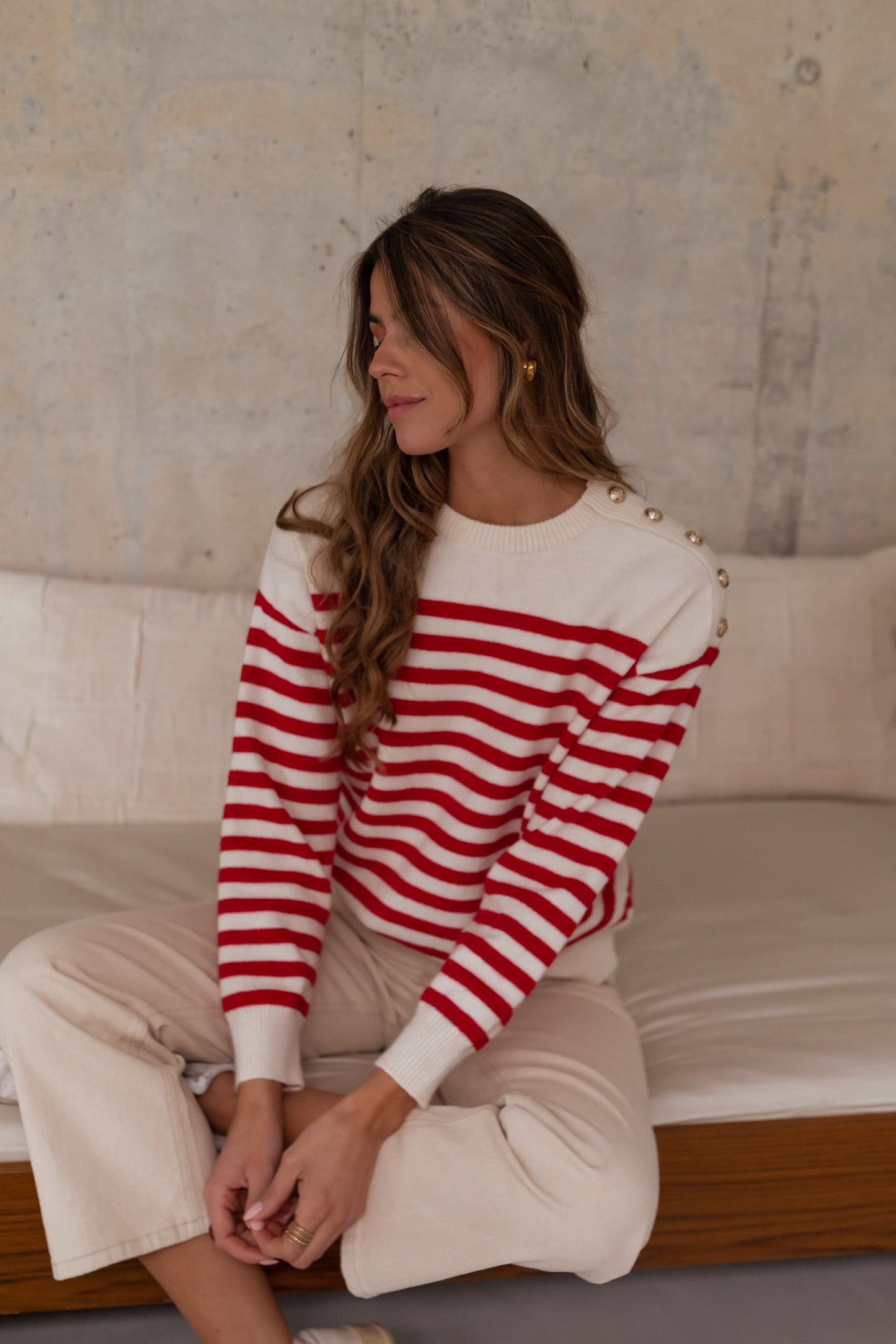 White Aubry Sweater With Red Lines