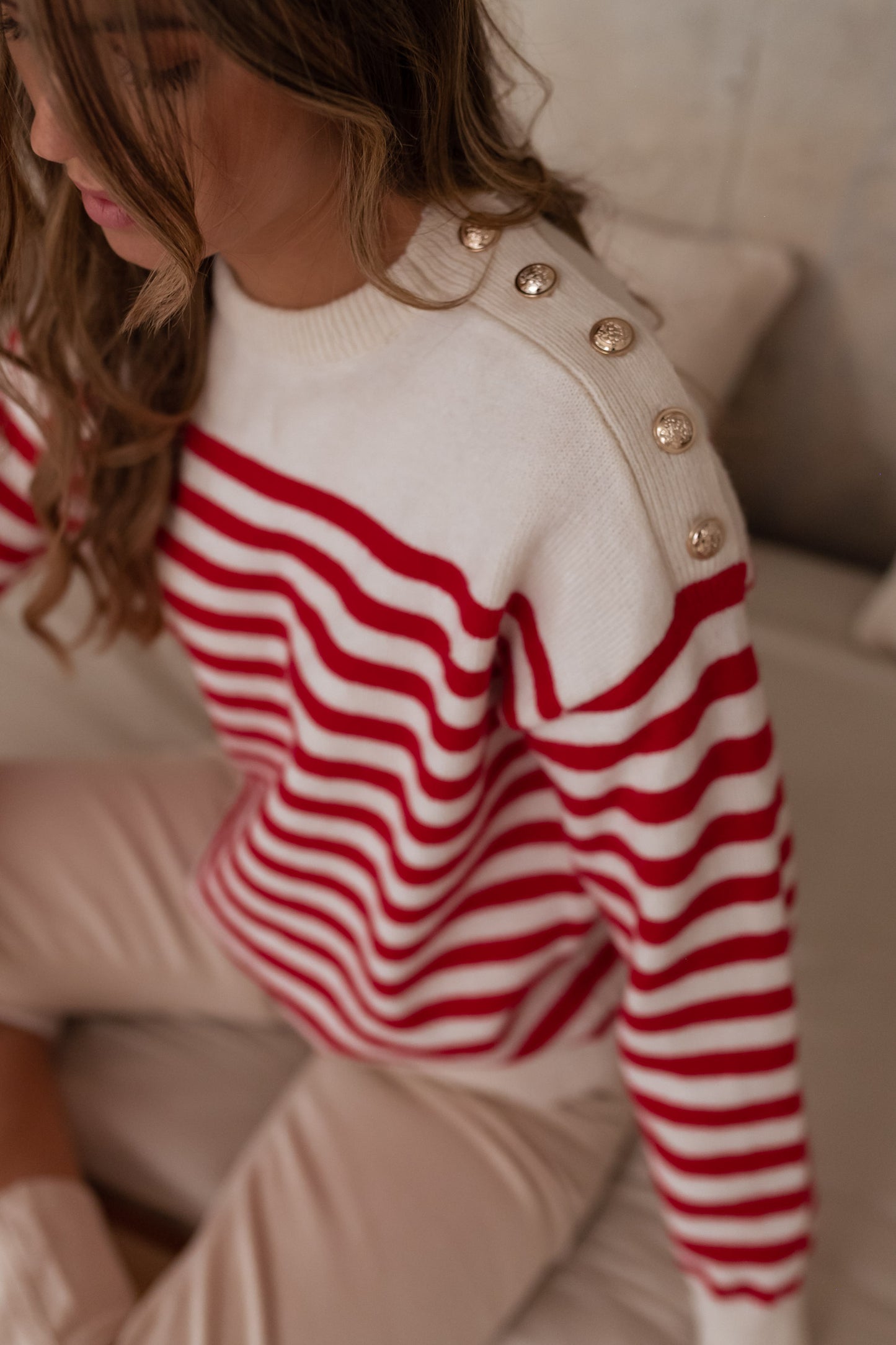 White Aubry Sweater With Red Lines