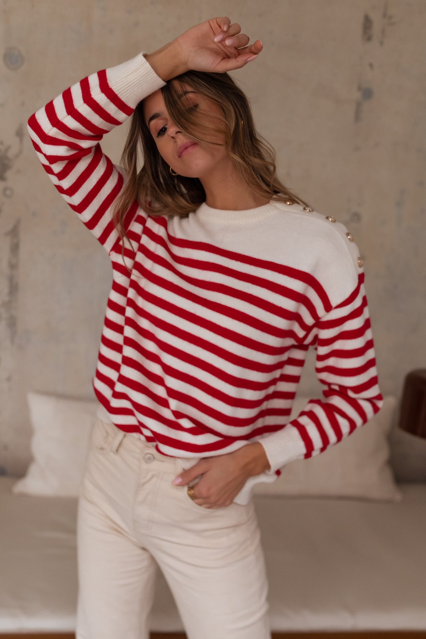 White Aubry Sweater With Red Lines