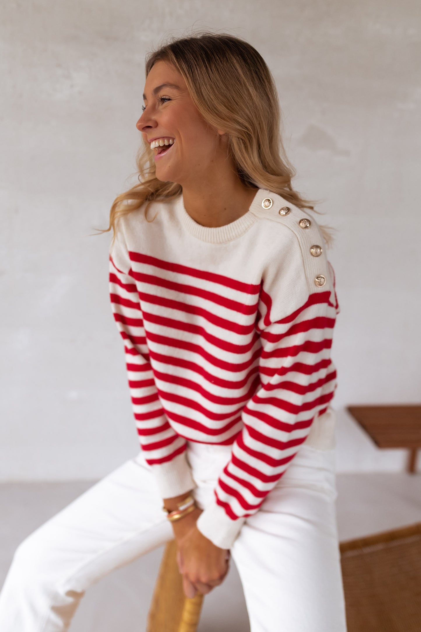 White Aubry Sweater With Red Lines