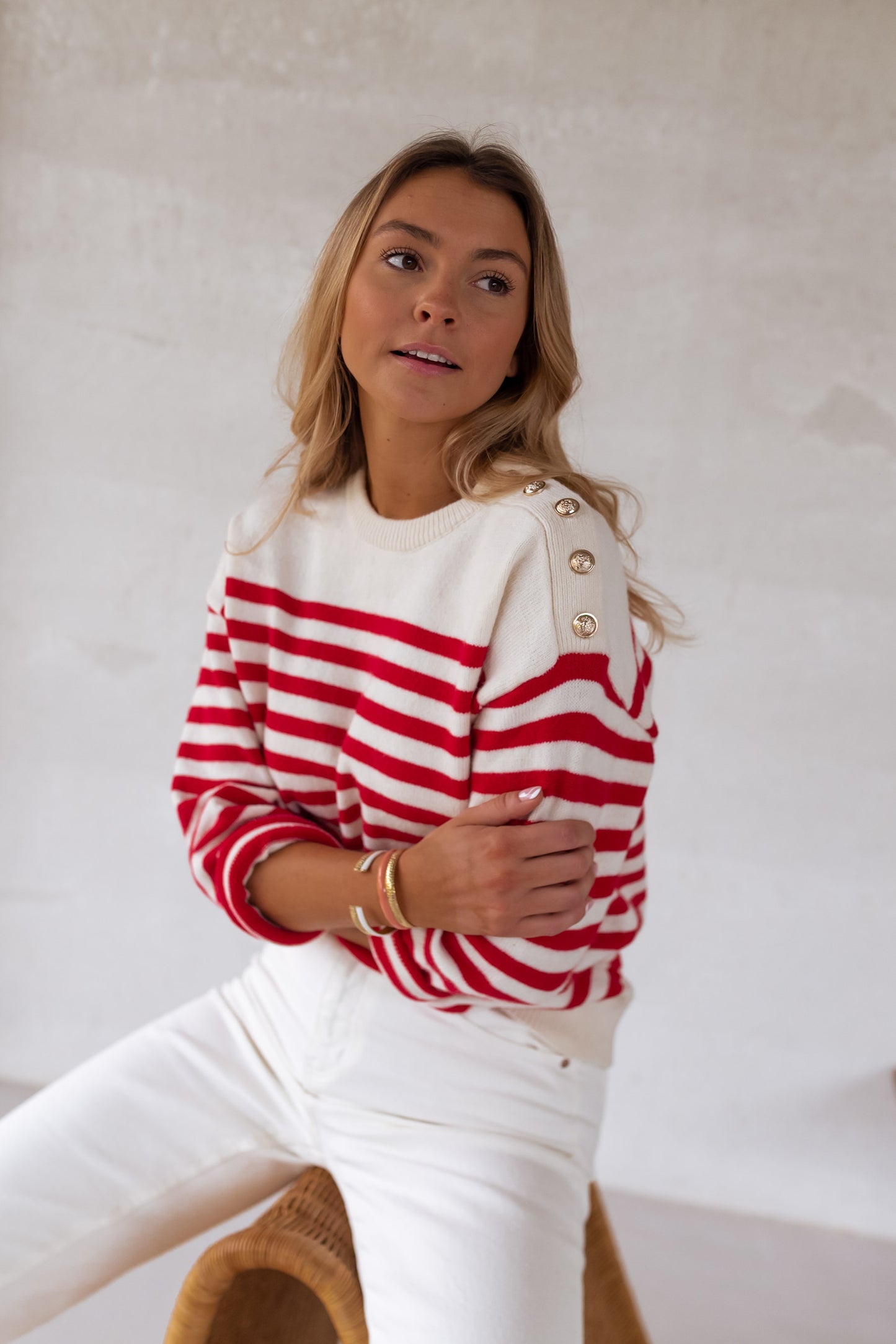 White Aubry Sweater With Red Lines