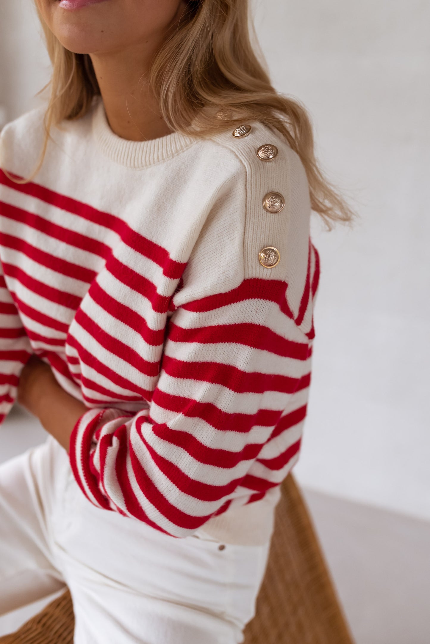 White Aubry Sweater With Red Lines