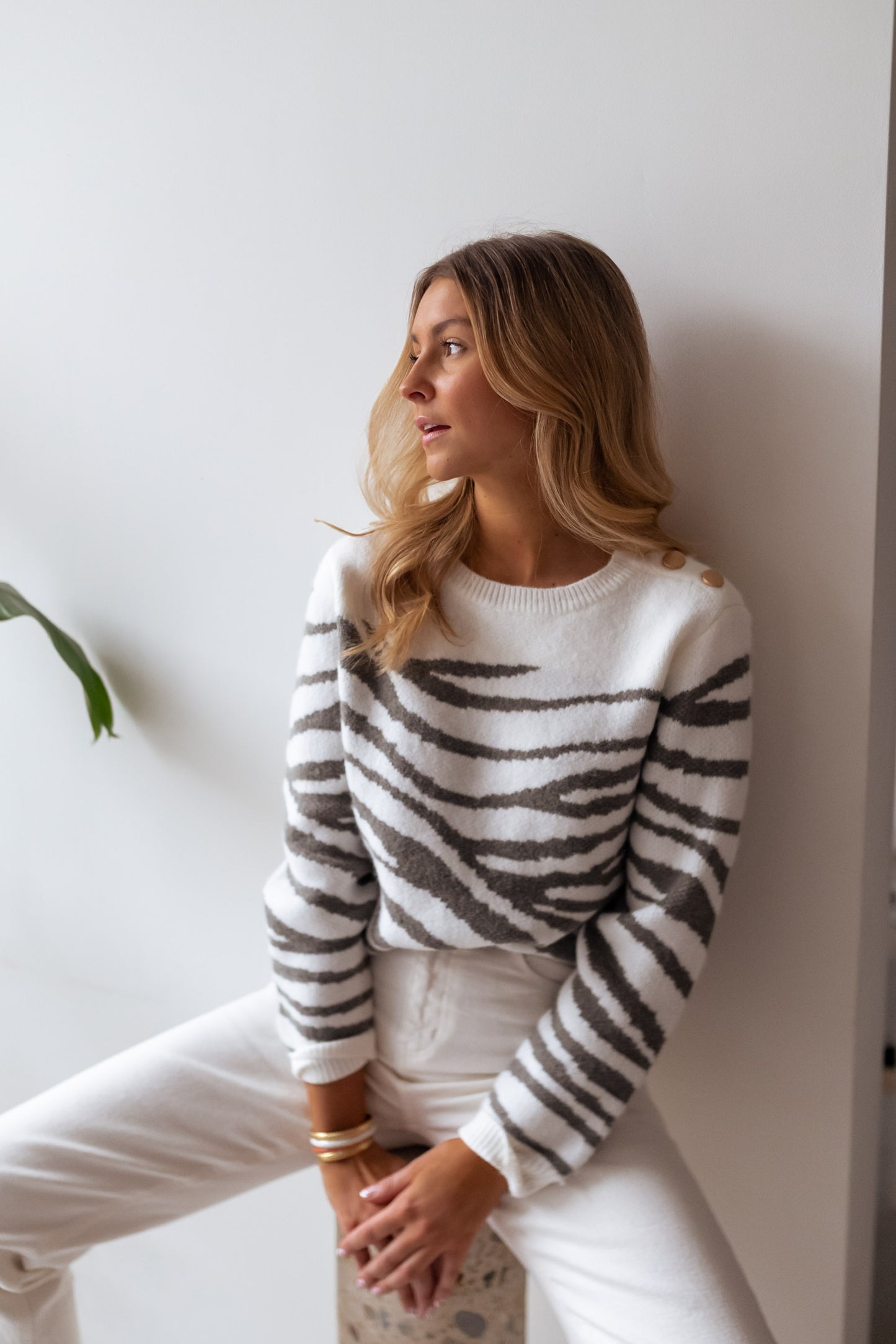 White and Khaki Patterned Valley Sweater