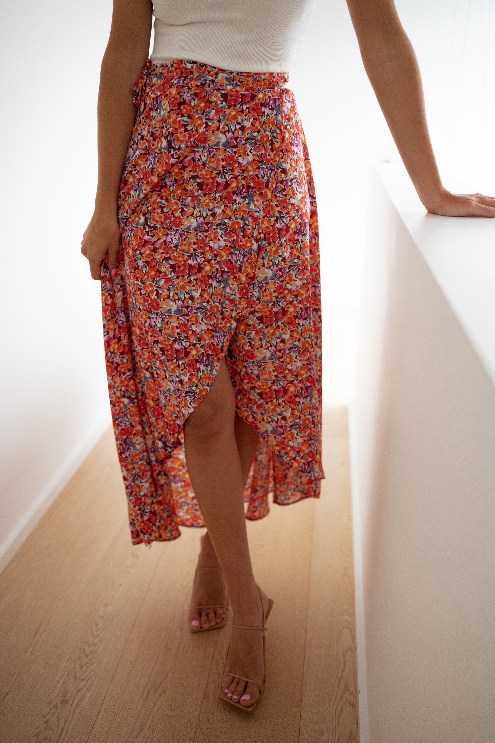 Pull&bear asymmetric floral wrap shop midi skirt in multi