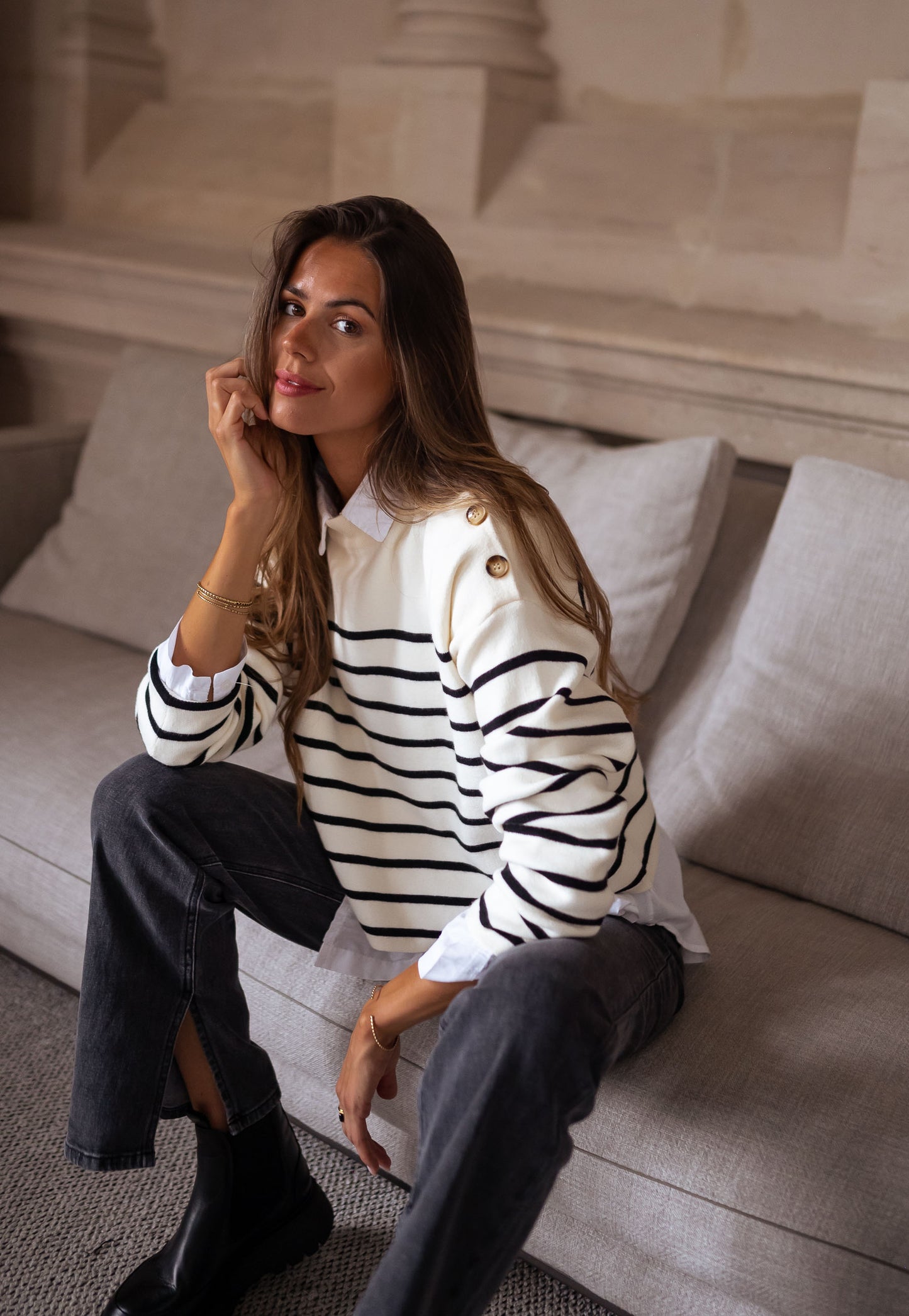 Ecru and Black Striped Manou Sweater