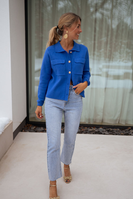 Royal Blue Soft Knit Long-Sleeve Cardigan with Golden Buttons & Large Front Pockets Fika Cardigan by EASY CLOTHES One Size (Fits US 2, 4, 6, 8) Royal Blue Soft Knit Long-Sleeve Cardigan with Golden Buttons & Large Front Pockets Fika Cardigan by EASY CLOTHES One Size (Fits US 2, 4, 6, 8)