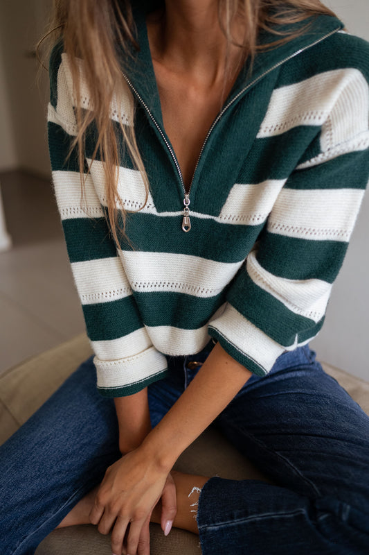 Green and Ecru Striped Laura Sweater