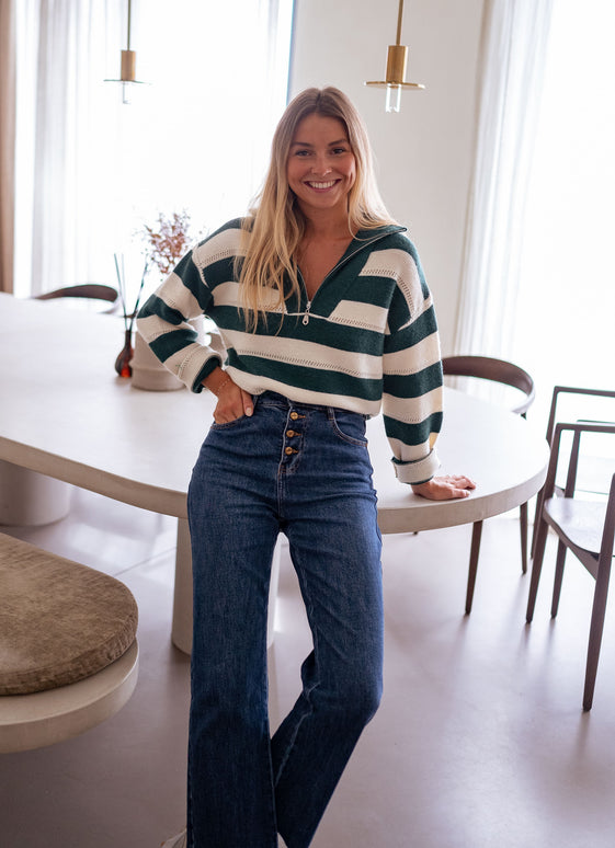 Green and Ecru Striped Laura Sweater