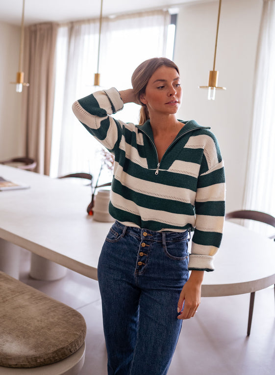 Green and Ecru Striped Laura Sweater